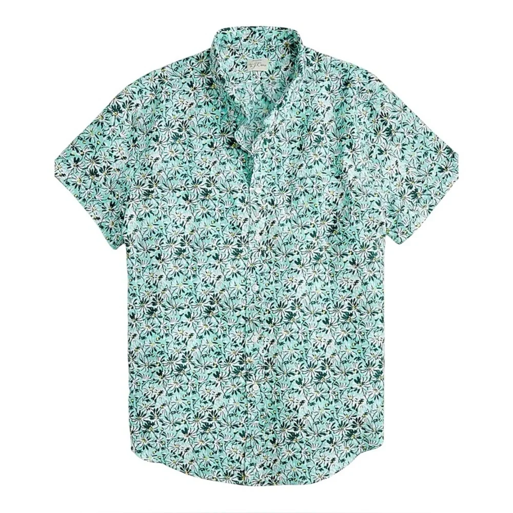 J. Crew Men’s Short-Sleeve 100% Linen Button Down in Aqua Floral Print- Size L